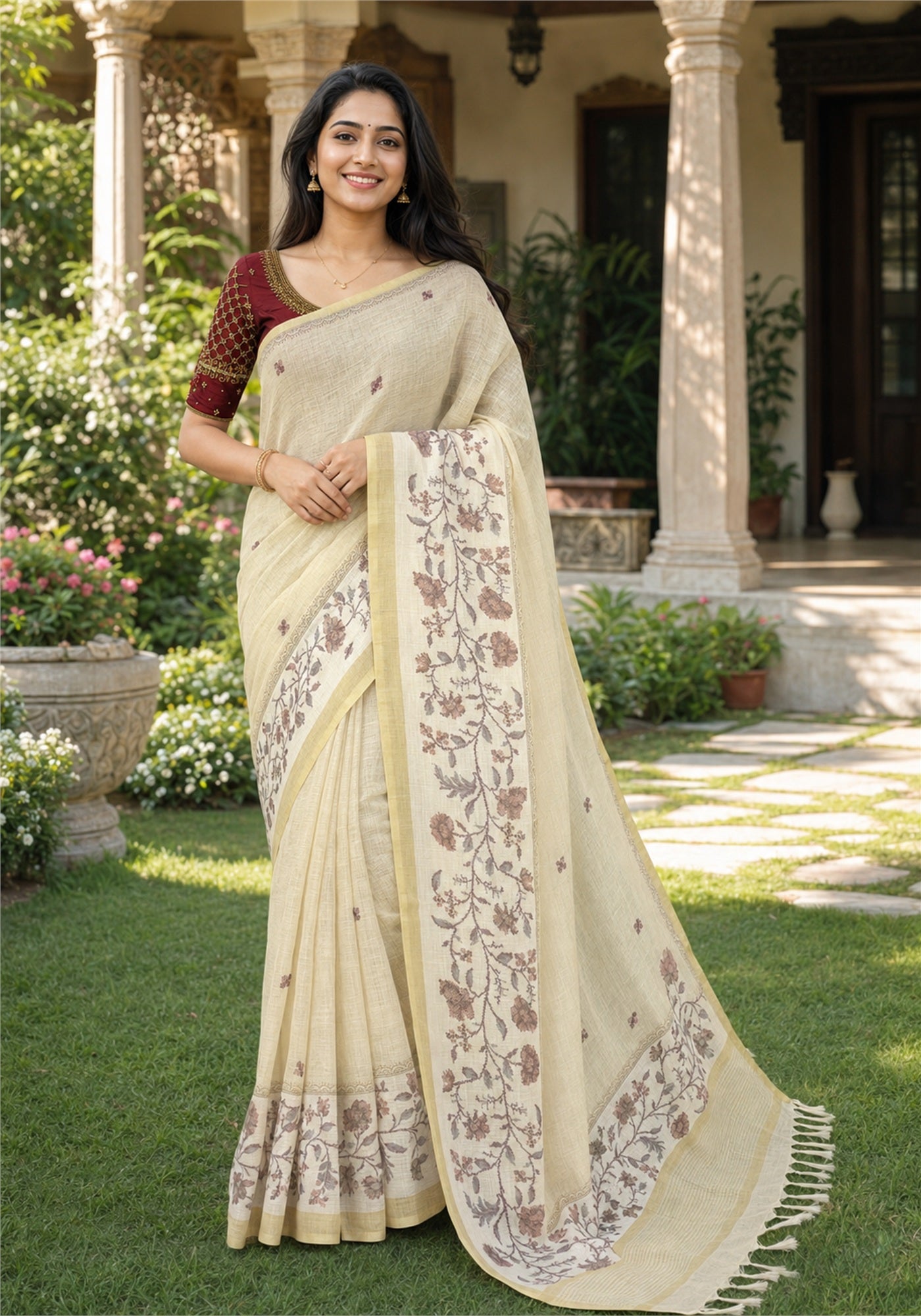 Linen Cotton Saree Ivory Cream Maroon Floral Pallu - LCS-1-4002 - view 1